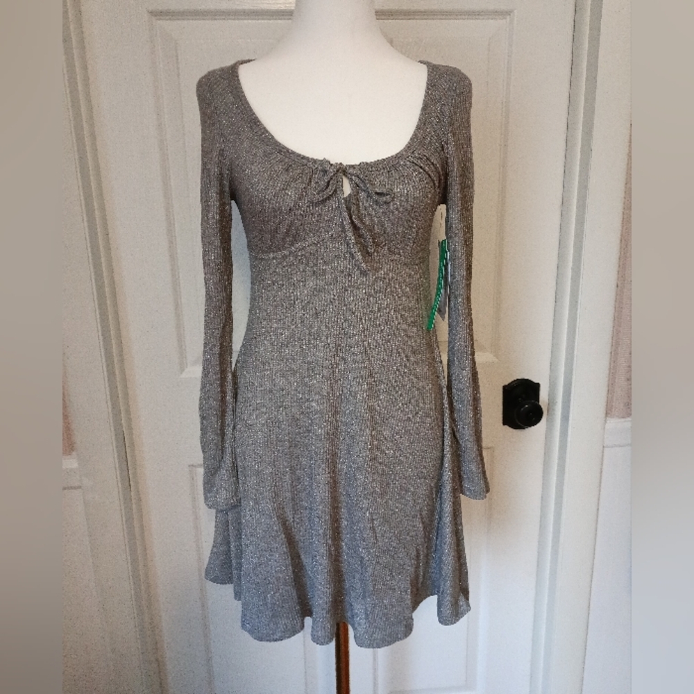 Nwt!! STITCH AND PINE Elegant Gray Long Sleeve Dress glitter Casual Dressy